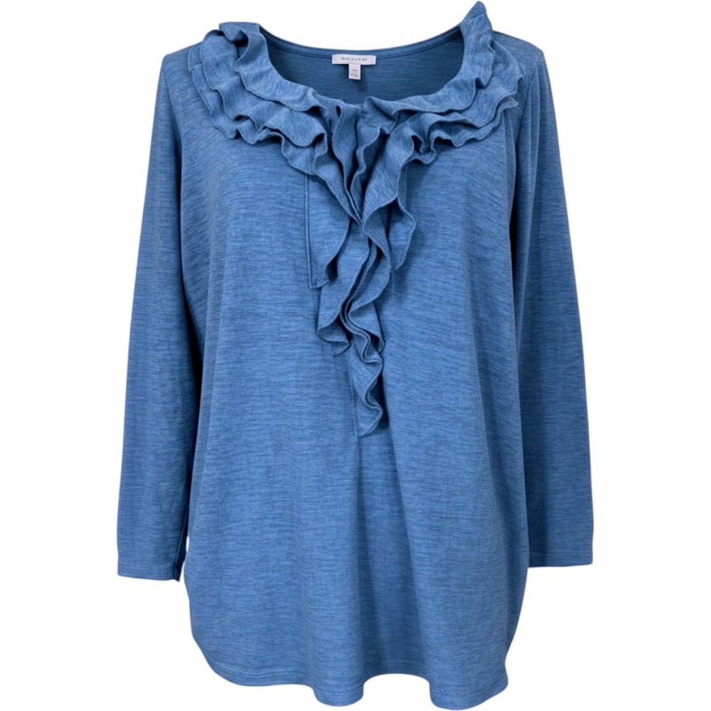 Rafaella Woman Blue Heathered Ruffle Neck Long Sleeve Knit Top 1X